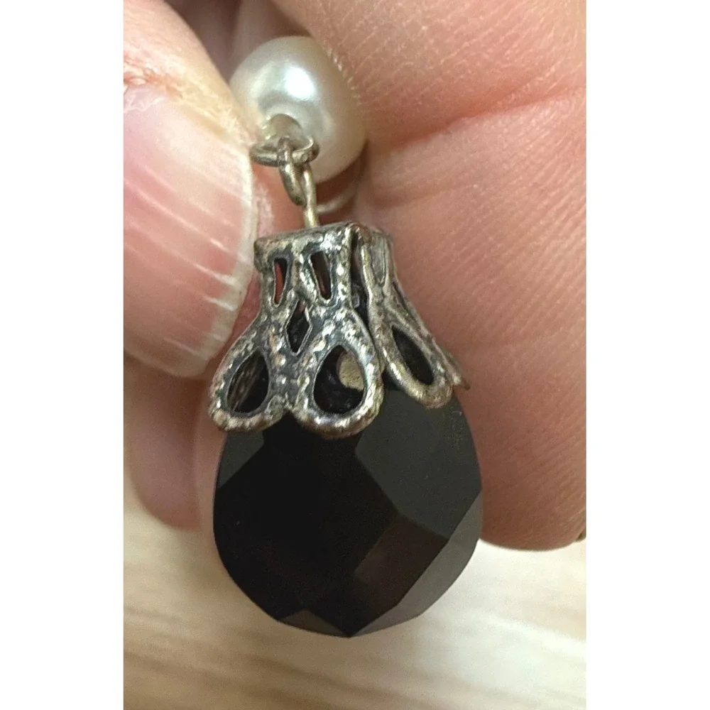 Black Faceted‎ Teardrop Pearl Dangle Earrings Vintage Gothic